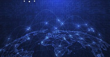 visualisation of connected blockchain network nodes glowing on a dark background